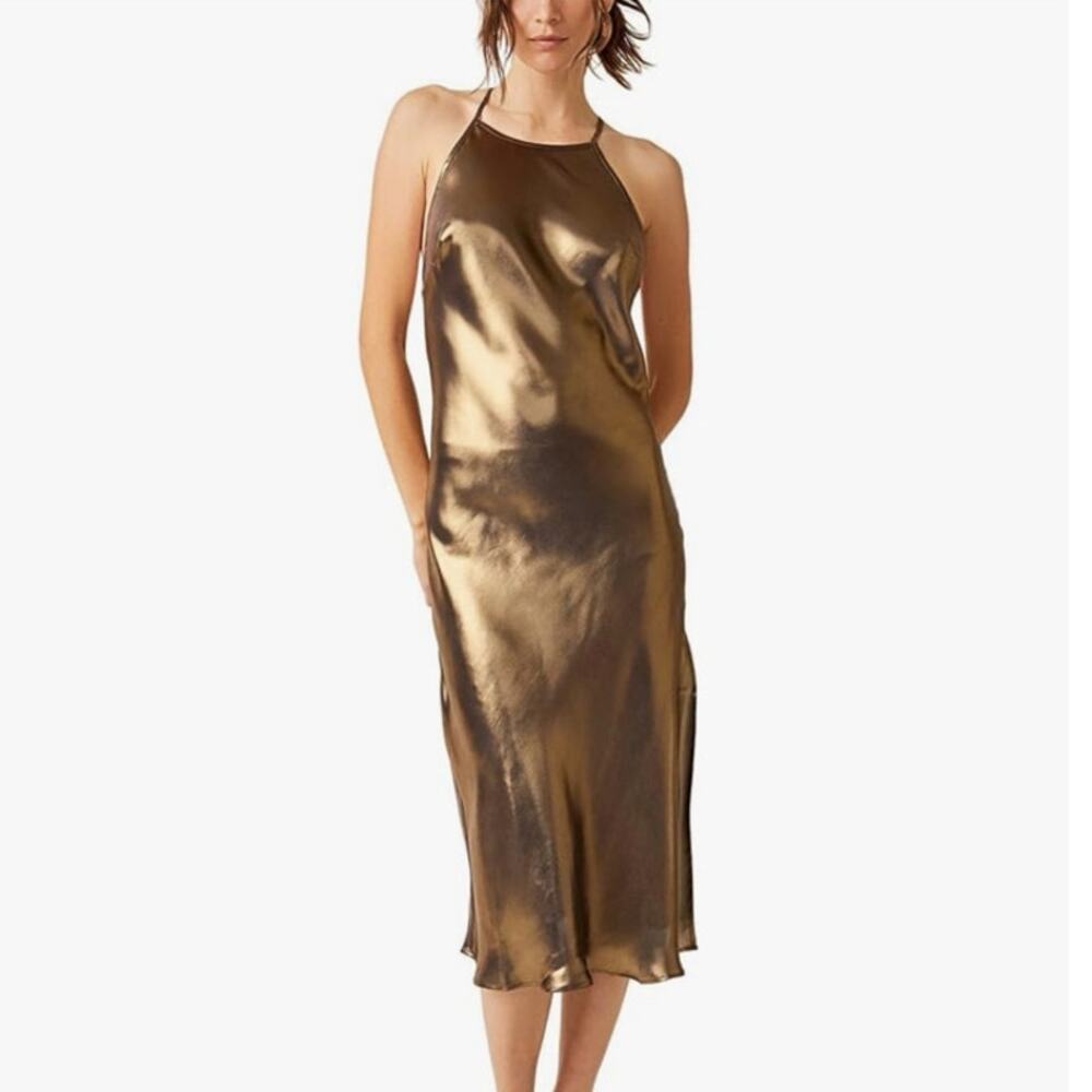 Free People Intimately Sunset Shimmer Midi Slip Dress Gold Lace Racerback Sz XS